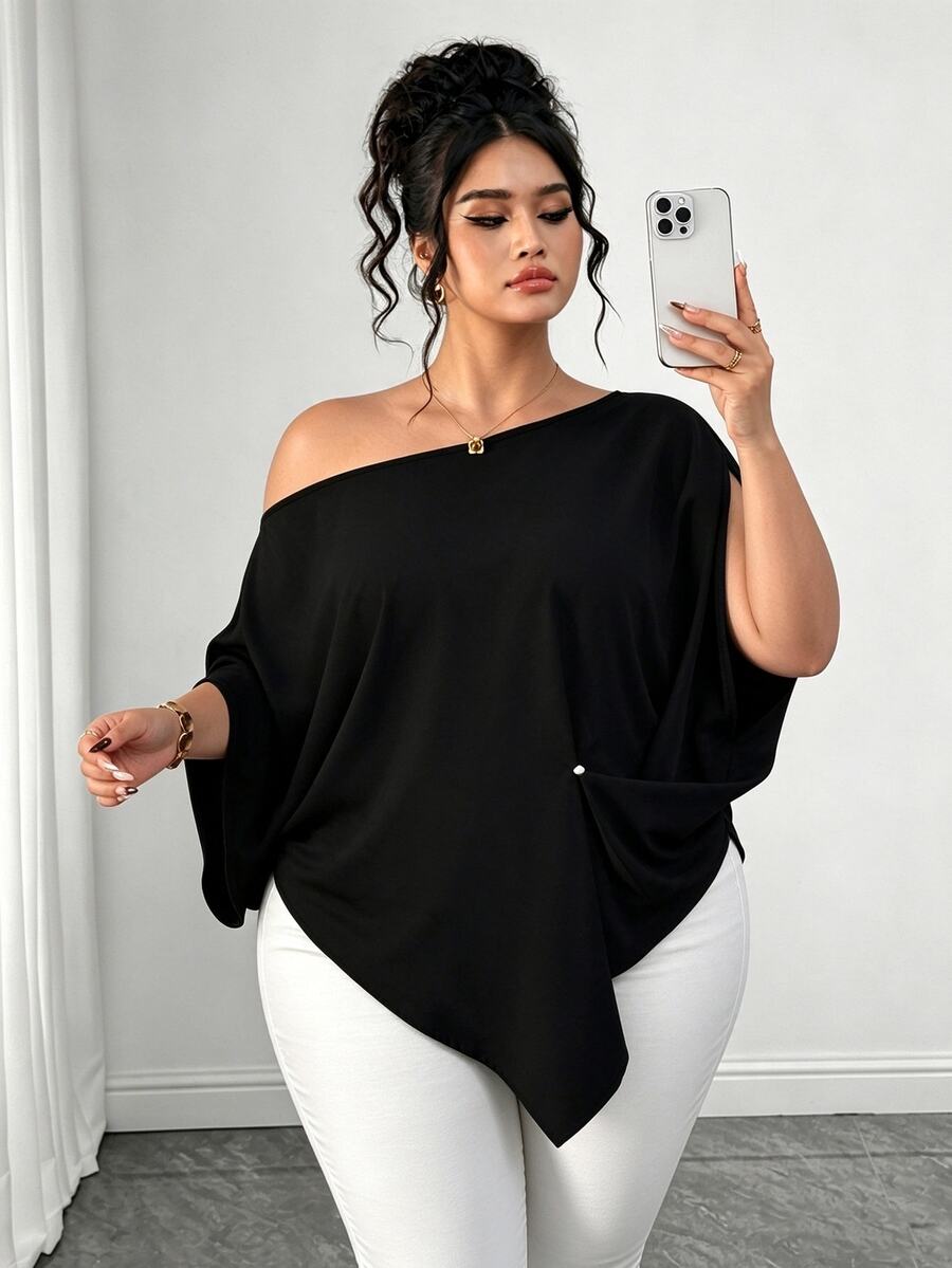 Elenzga Blusa holgada de talla grande con dobladillo asimétrico de unicolor - Negro - Ver 1
