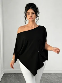 Elenzga Blusa holgada de talla grande con dobladillo asimétrico de unicolor - Negro - Ver 3