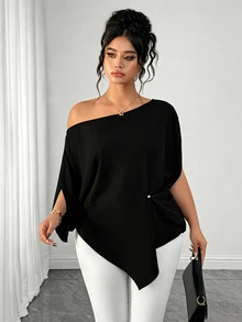 Elenzga Blusa holgada de talla grande con dobladillo asimétrico de unicolor - Negro - Ver 5