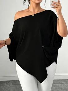 Elenzga Blusa holgada de talla grande con dobladillo asimétrico de unicolor - Negro - Ver 7