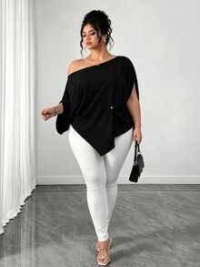 Elenzga Blusa holgada de talla grande con dobladillo asimétrico de unicolor - Negro - Ver 8