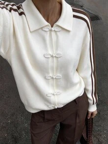 FavEase Women's Autumn/Winter Casual New Chinese Style Lapel Contrast Trim Frog Button Knit Cardigan - Multicolor - View 1
