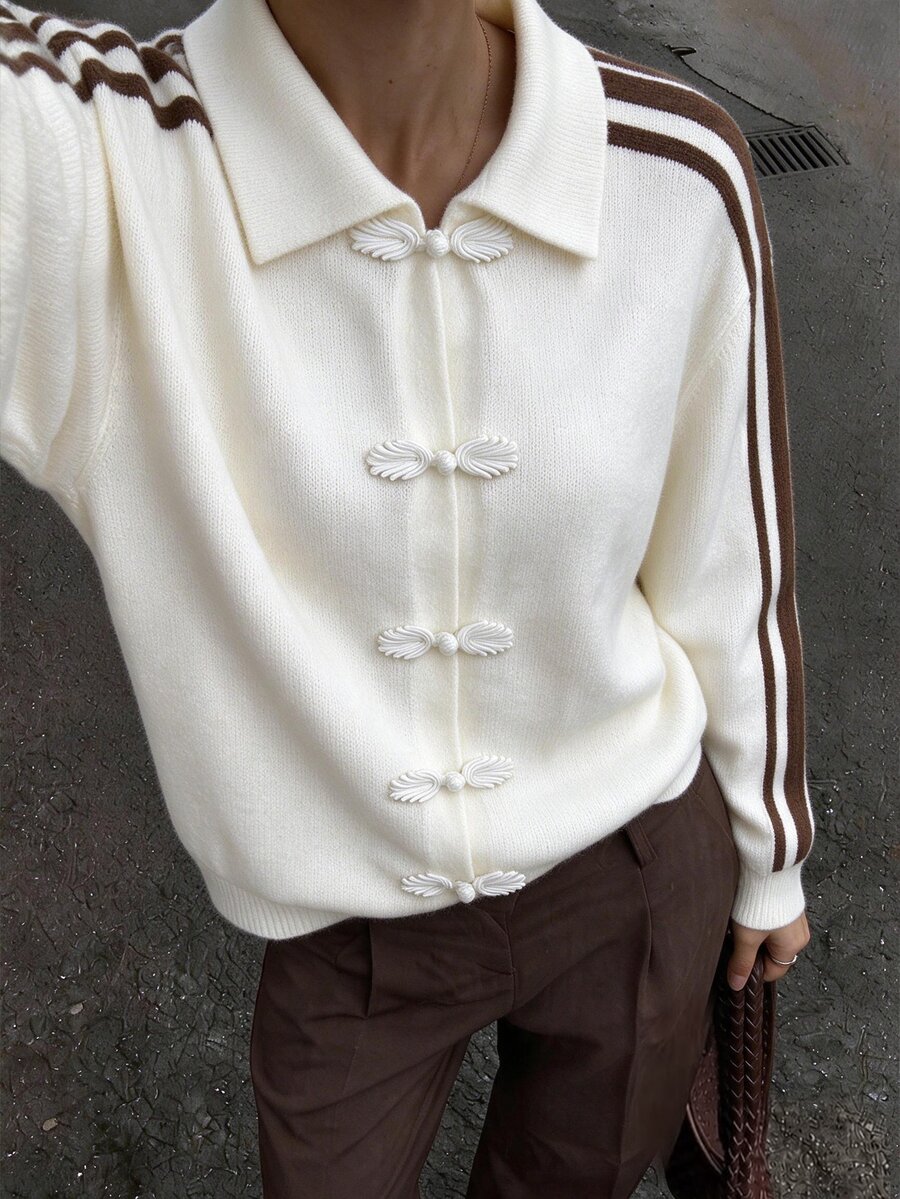 FavEase Women's Autumn/Winter Casual New Chinese Style Lapel Contrast Trim Frog Button Knit Cardigan - Multicolor - View 1