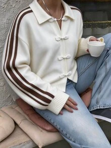 FavEase Women's Autumn/Winter Casual New Chinese Style Lapel Contrast Trim Frog Button Knit Cardigan - Multicolor - View 7