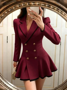 Glamine Contrast Color Decor Romantic Elegant Lapel Women's Blazer - Burgundy - View 4