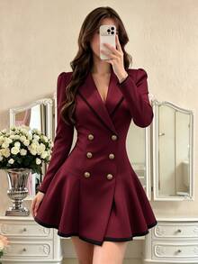 Glamine Contrast Color Decor Romantic Elegant Lapel Women's Blazer - Burgundy - View 3