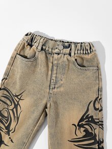SHEIN 少女 Y2K 牛仔女牛仔時尚休閒舒適街頭風復古印花懷舊水洗寬腿牛仔鬆垮牛仔褲，秋季穿搭 - 中等水洗藍 - 查看 4