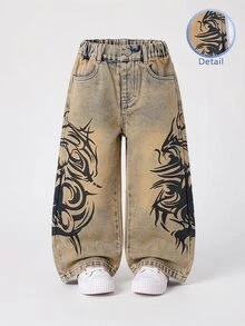 SHEIN 少女 Y2K 牛仔女牛仔時尚休閒舒適街頭風復古印花懷舊水洗寬腿牛仔鬆垮牛仔褲，秋季穿搭 - 中等水洗藍 - 查看 3