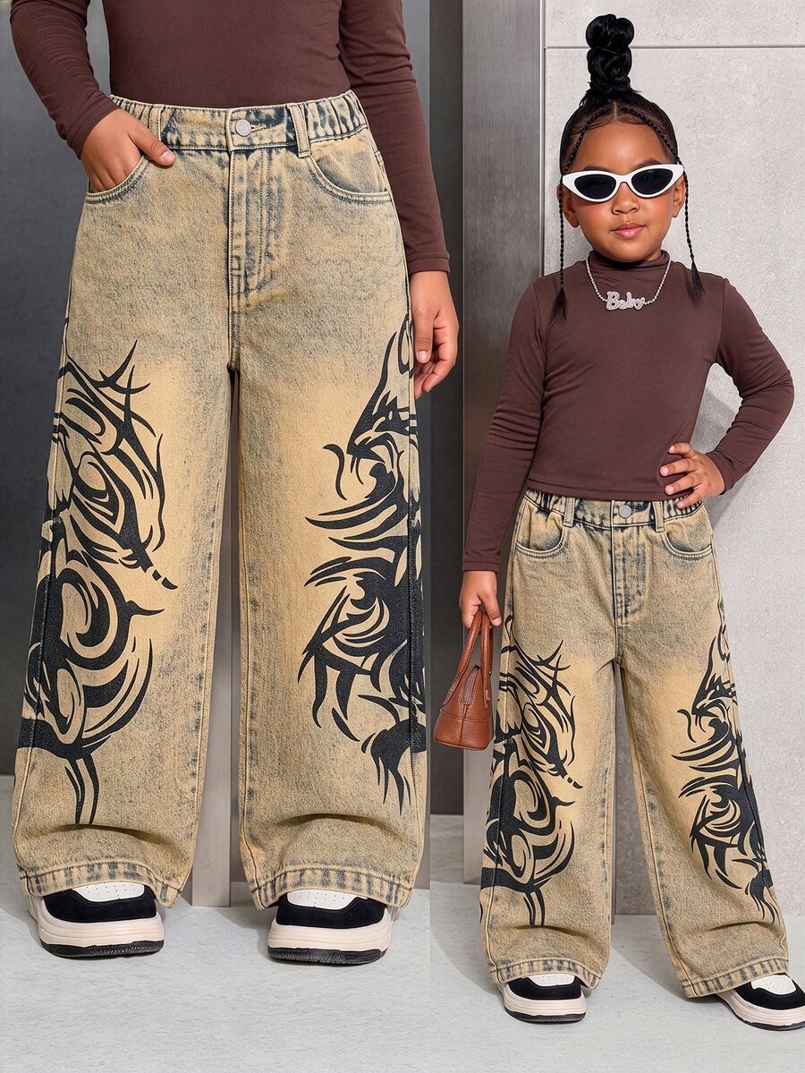 SHEIN 少女 Y2K 牛仔女牛仔時尚休閒舒適街頭風復古印花懷舊水洗寬腿牛仔鬆垮牛仔褲,秋季穿搭 - 中等水洗藍 - 查看 1