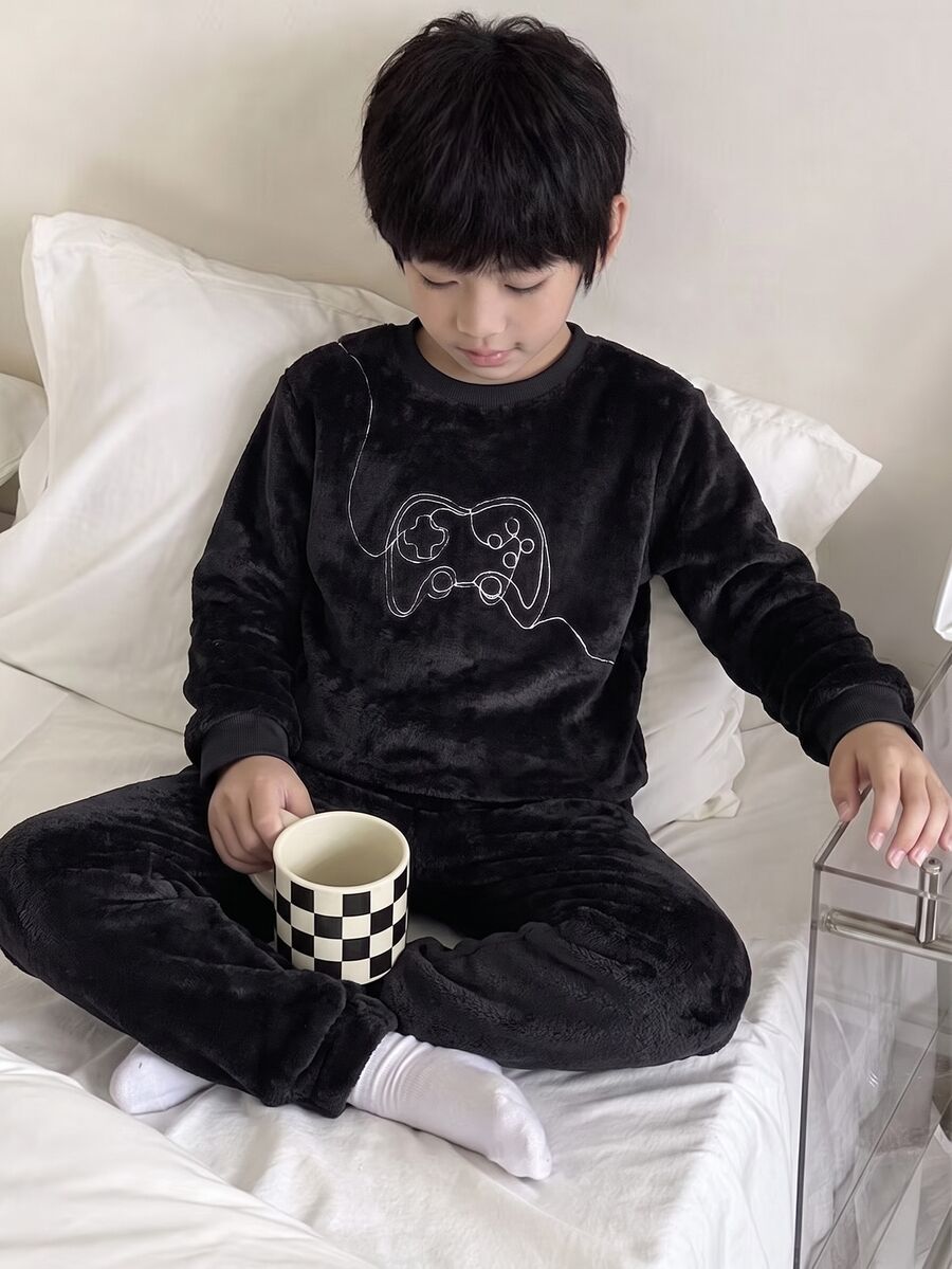 Autumn/Winter 2 Pieces Boys' Loungewear Set, Long Sleeve Pullover Top And Pants, Black Flannel Fabric With Fleece Lining, Thickened Top With Game Console Embroidery Design, Simple Fashion Style - Black - View 1