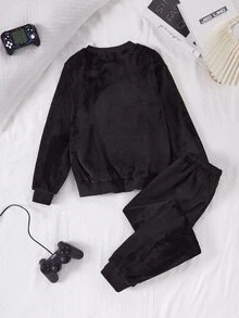 Autumn/Winter 2 Pieces Boys' Loungewear Set, Long Sleeve Pullover Top And Pants, Black Flannel Fabric With Fleece Lining, Thickened Top With Game Console Embroidery Design, Simple Fashion Style - Black - View 2