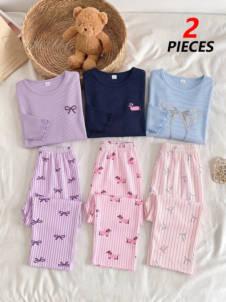SHEIN Tween Girl Blue Ribbed Cute Puppy Print Long Sleeve Top, Puppy Pink Ribbed Pants Loungewear Set, Round Neck Ribbed, 2 Pieces Set, Soft Autumn/Winter Set - Navy Blue - View 1