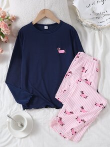 SHEIN Tween Girl Blue Ribbed Cute Puppy Print Long Sleeve Top, Puppy Pink Ribbed Pants Loungewear Set, Round Neck Ribbed, 2 Pieces Set, Soft Autumn/Winter Set - Navy Blue - View 8