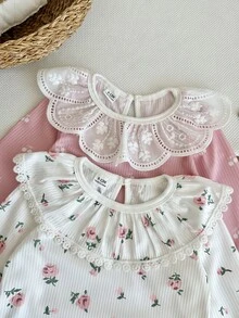 SHEIN 2 قطعة طقم علوي + بنطلون للبنات الرضع أنيق وردي أبيض دانتيل كشكشة طباعة زهور مضلع أكمام طويلة رقبة دائرية عادي حفلة عيد ميلاد عطلة الخريف أميرة - متعدد الألوان - مشاهدة 8