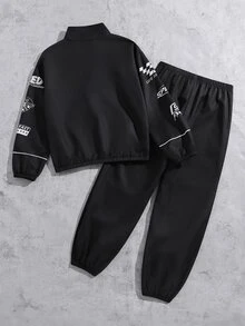 SHEIN 2件組青少年男孩休閒街頭風口號印花拼接長袖拉鍊開襟外套與長褲套裝，適合春秋日常休閒穿著，可作為秋冬兒童套裝，舒適面料，時尚版型，春夏新品，適用多季節與多場合 - 黑色 - 查看 2