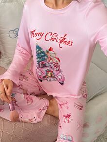 SweetSlumber Women's Letter & Cartoon Print Long Sleeve Top And Pants Casual Daily Home Sleepwear Set - Multicolor - View 6