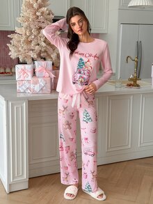 SweetSlumber Women's Letter & Cartoon Print Long Sleeve Top And Pants Casual Daily Home Sleepwear Set - Multicolor - View 2