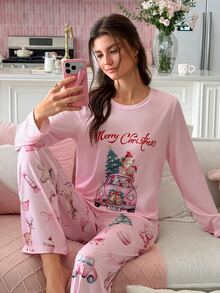 SweetSlumber Women's Letter & Cartoon Print Long Sleeve Top And Pants Casual Daily Home Sleepwear Set - Multicolor - View 5