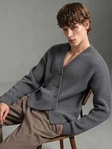 Calmiston Old Money Men's Solid Color Long Sleeve Single-Breasted Casual Knit Cardigan, Couple Outfit, Office Work Autumn, Best Holiday Gift - Dark Grey - View 9