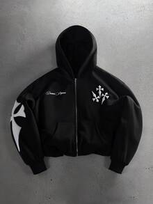 STYNVO Men's Long Sleeve Zip-Up Hooded Sweatshirt Halloween Beach Vacation Black And White Fall Streetwear - Black - View 1
