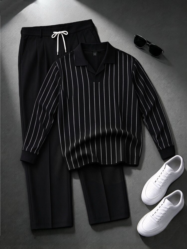 Manfinity Homme Men's Striped Long Sleeve Polo Shirt And Pants Casual Daily Outfit - Black - View 1