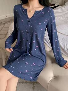 DAZY 女款短版蝴蝶結碎花睡裙，秋冬款 - 藏蓝色 - 查看 5