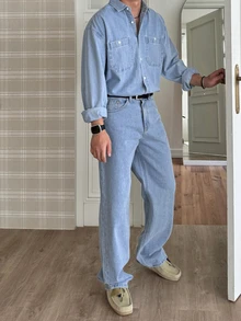 DAZY Spring/Autumn Light Blue Washed Distressed Korean Style Men's Denim Set - Blue - View 4