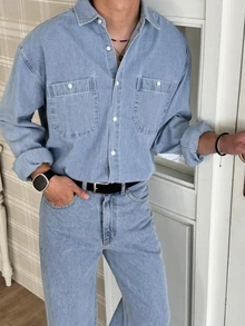 DAZY Spring/Autumn Light Blue Washed Distressed Korean Style Men's Denim Set - Blue - View 6
