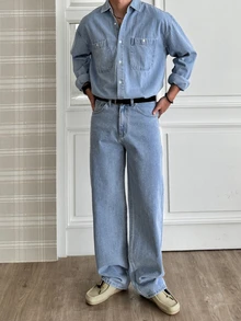 DAZY Spring/Autumn Light Blue Washed Distressed Korean Style Men's Denim Set - Blue - View 1