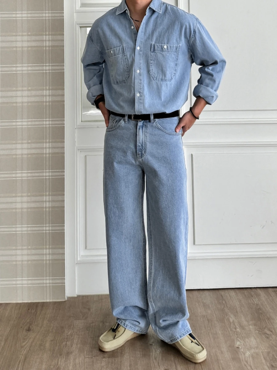 DAZY Spring/Autumn Light Blue Washed Distressed Korean Style Men's Denim Set - Blue - View 1