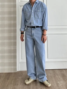DAZY Spring/Autumn Light Blue Washed Distressed Korean Style Men's Denim Set - Blue - View 5