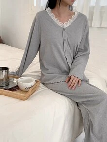 DAZY 2pcs/Set Women's Lace Patchwork Solid Color Loose V-Neck Long Sleeve Cardigan Top & Straight Leg Long Pajama Pants Sleepwear Set - Light Grey - View 3