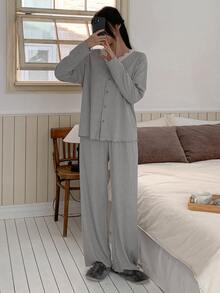 DAZY 2pcs/Set Women's Lace Patchwork Solid Color Loose V-Neck Long Sleeve Cardigan Top & Straight Leg Long Pajama Pants Sleepwear Set - Light Grey - View 8