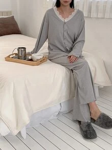 DAZY 2pcs/Set Women's Lace Patchwork Solid Color Loose V-Neck Long Sleeve Cardigan Top & Straight Leg Long Pajama Pants Sleepwear Set - Light Grey - View 6