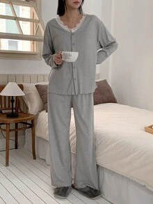 DAZY 2pcs/Set Women's Lace Patchwork Solid Color Loose V-Neck Long Sleeve Cardigan Top & Straight Leg Long Pajama Pants Sleepwear Set - Light Grey - View 5