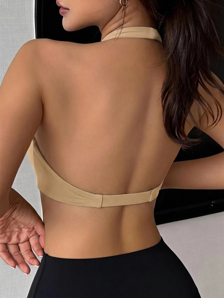 DAZY 1pc Solid Color Halter Twist Front Gather Yoga Sports Bra For Women Lingerie For Women - Yellow - View 1