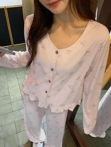 DAZY Women's All-Over Print Long Sleeve Top And Pants Casual Daily Home Sleepwear Set Pajama - Beige - View 8