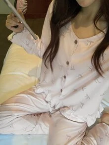 DAZY Women's All-Over Print Long Sleeve Top And Pants Casual Daily Home Sleepwear Set Pajama - Beige - View 7