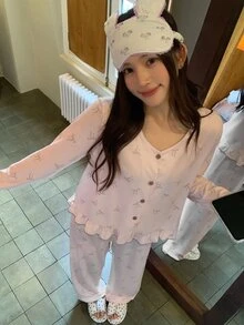 DAZY Women's All-Over Print Long Sleeve Top And Pants Casual Daily Home Sleepwear Set Pajama - Beige - View 3