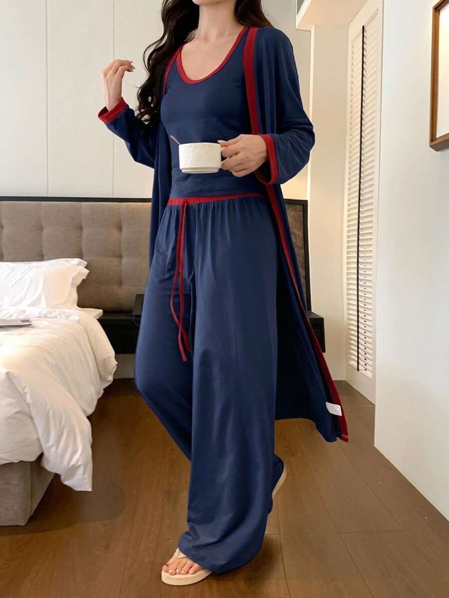 DAZY 3件組對比色極簡風長款睡袍、無袖細肩帶背心、直筒長褲女款睡衣套裝 - 藏蓝色 - 查看 1