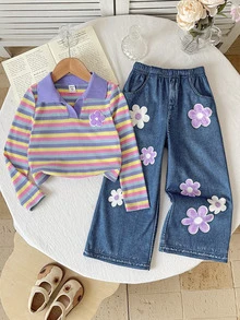 SHEIN 小女孩休閒可愛童裝紫色上衣長褲套裝，秋冬季長版上衣，聖誕節/萬聖節，拉鍊款 - 彩色 - 查看 8