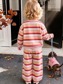 Baby Girl Casual Soft Thick Long Sleeve Crew Neck Pullover Sweatshirt And Wide Leg Pants Set, Suitable For Autumn/Winter - Multicolor - View 5