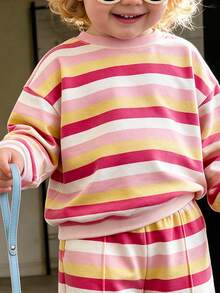 Baby Girl Casual Soft Thick Long Sleeve Crew Neck Pullover Sweatshirt And Wide Leg Pants Set, Suitable For Autumn/Winter - Multicolor - View 6