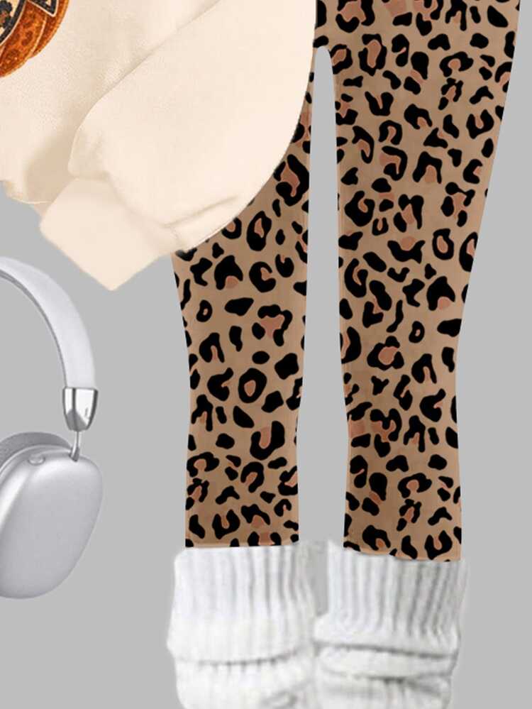 Light Apricot, Vintage Leopard Print Bow Pumpkin Pattern, Girls Casual Minimalist Crew Neck Pullover Sweatshirt And Brushed Leggings 2 Pieces Set, New Style Suitable For Autumn/Winter Daily, Halloween, Pumpkin Season, Thanksgiving, Autumn Atmosphere, Parent-Child Autumn Outing, Pumpkin Patch Parent-Child Trip, Cozy Vibes, Cozy Season - Multicolor - View 6