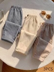SHEIN 3pcs/Set Baby Boy Striped Pattern Elastic Waist Casual Long Pants Multi-Piece Set Striped Pants Infant Pants - Multicolor - View 1
