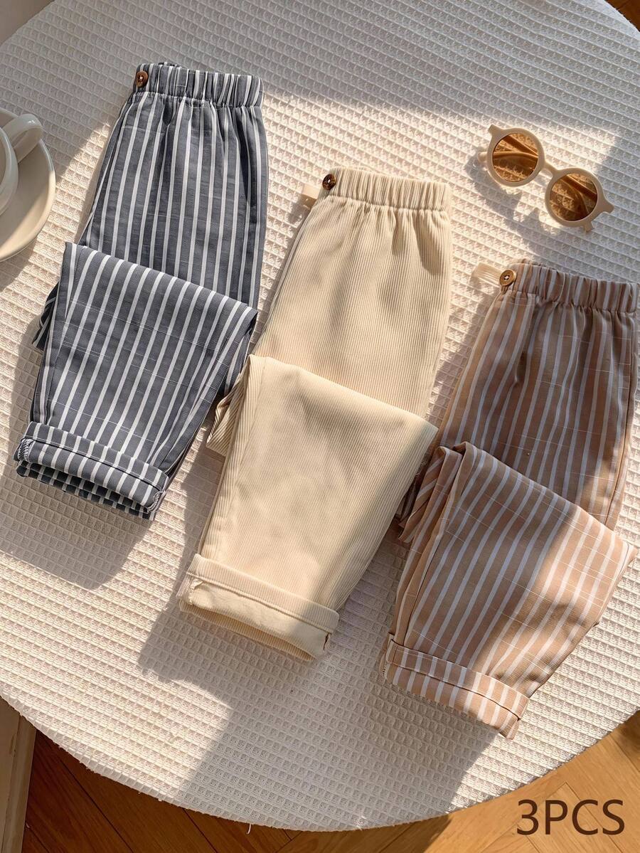 SHEIN 3pcs/Set Baby Boy Striped Pattern Elastic Waist Casual Long Pants Multi-Piece Set Striped Pants Infant Pants - Multicolor - View 1