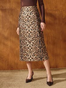 Anewsta Women's Leopard Print Sequin Embroidered Skirt, Autumn/Winter - Brown - View 2