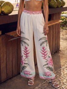 CAJUNI Women's Tropical Plant Print Loose Long Pants For Vacation - Multicolor - View 2