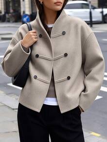 Easura Plus Size Women's Autumn/Winter Napoleon Button Decor Stand Collar Double-Breasted Casual Commute Overcoat - Apricot - View 5