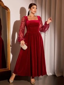Cravure Plus Size Women's Fall Beaded Tassel Patchwork Velvet Elegant Square Neck A-Line Long Sleeve Maxi Dress Cocktail Formal Christmas New Year Red - Burgundy - View 6